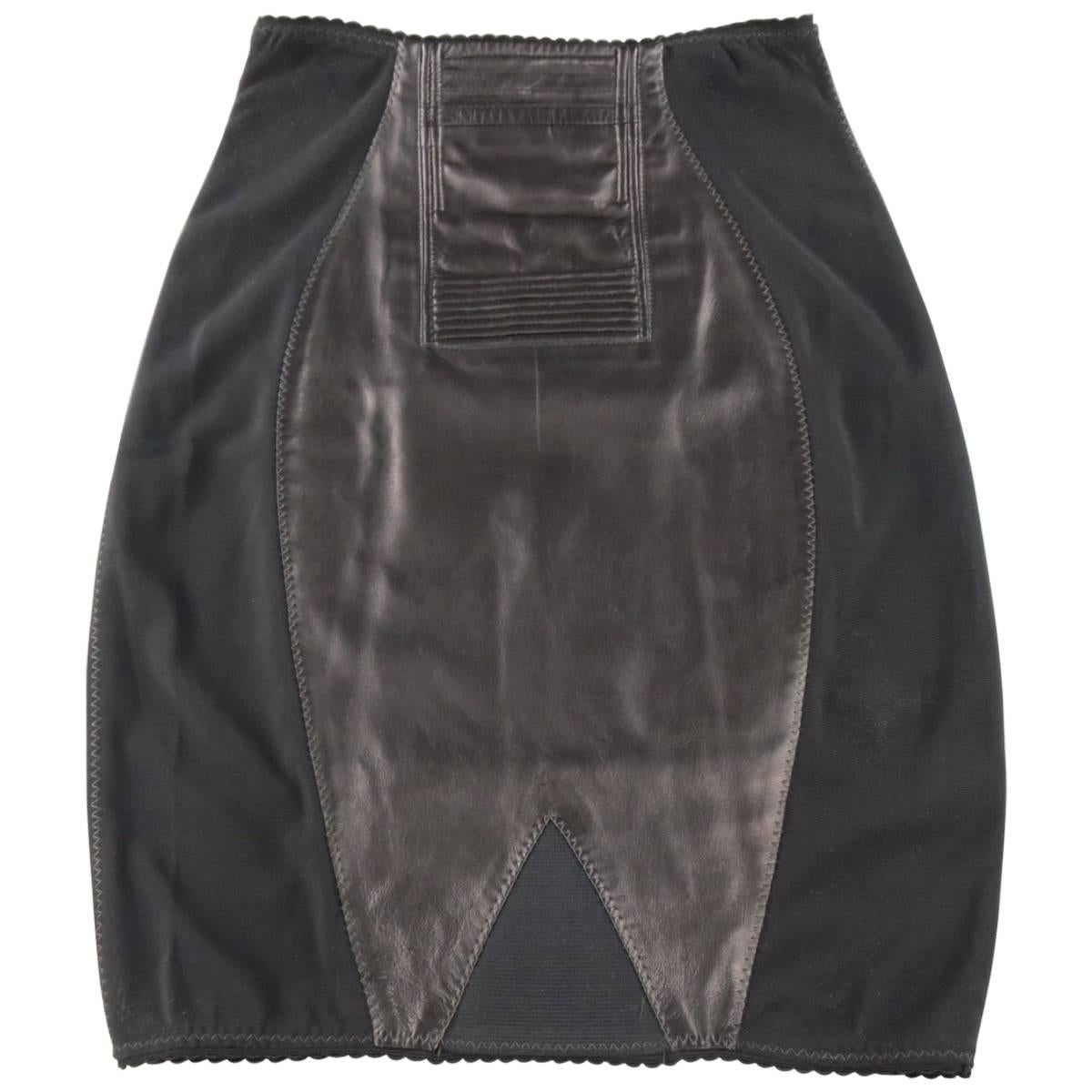 Jean Paul Gaultier Black Leather and Mesh Panel Girdle Pencil Skirt