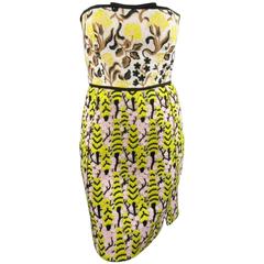 GIAMBATTISTA VALLI 2 Yellow Pink & Beige Linen & Lace Strapless Cocktail Dress 5