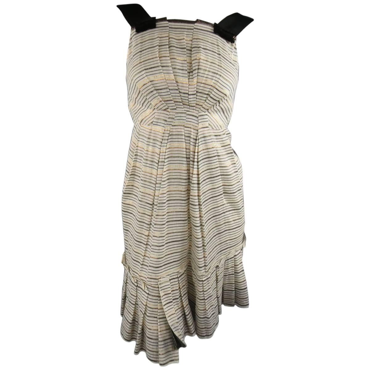 MARC JACOBS Size 2 Cream Metallic Striped Linen Asymmetrical Pleated Dress