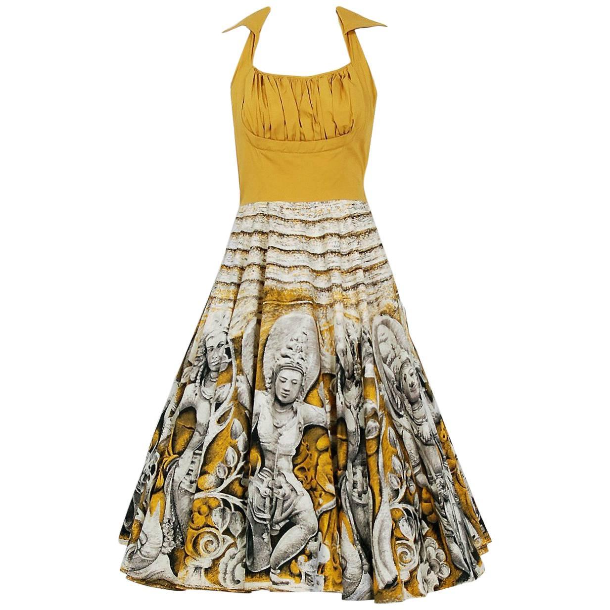 1950's Vibrant Polynesian Tiki Novelty Print Marigold Cotton Shelf-Bust Dress