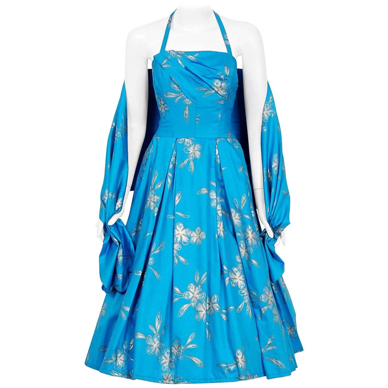1950's Hawaiian Tropical-Floral Metallic Turquoise Print Cotton Halter Dress