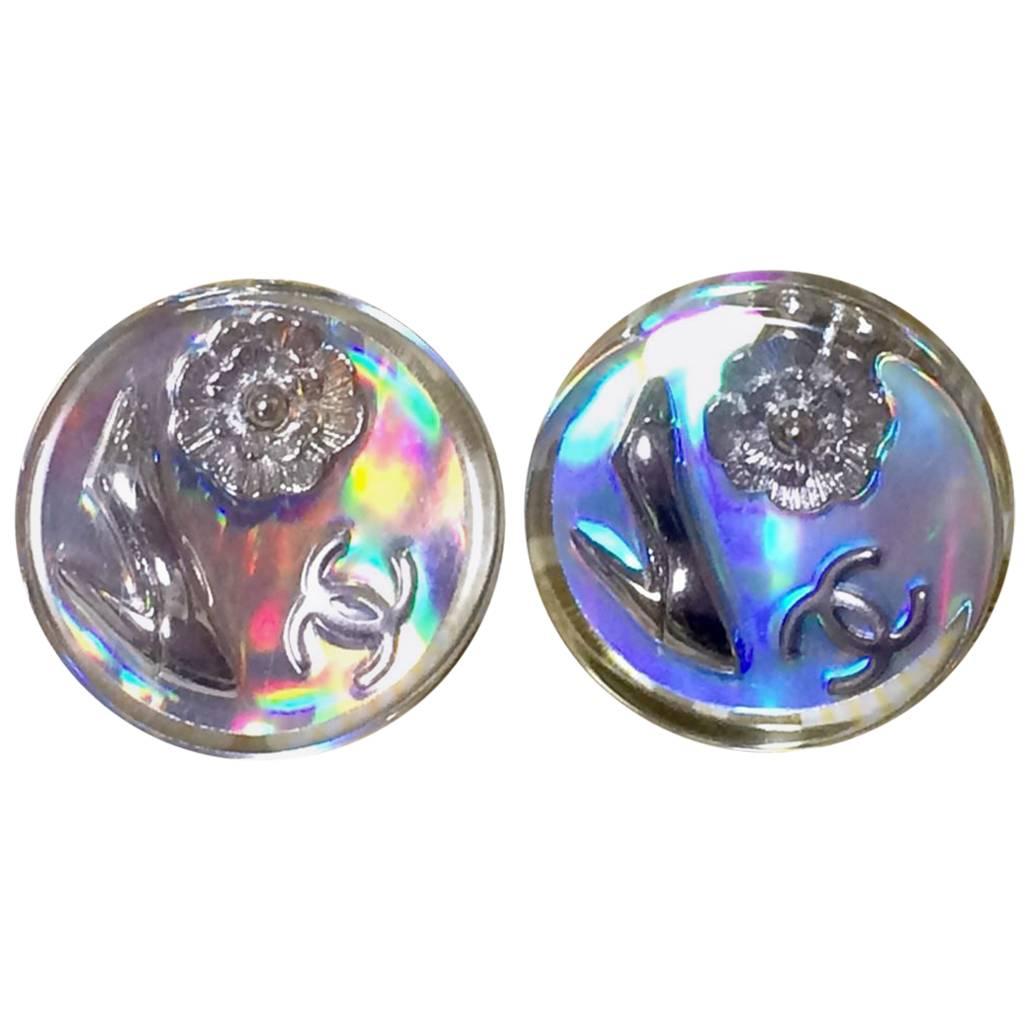 Vintage CHANEL silver tone and rainbow aurora shining earrings with motifs. For Sale