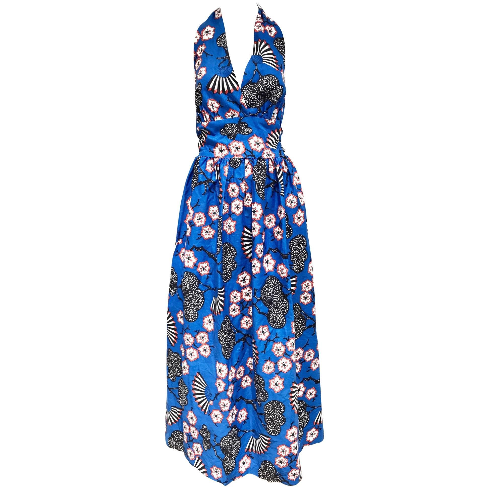 1970s Blue Cotton Cherry Blossom Print Halter Summer Maxi Dress 