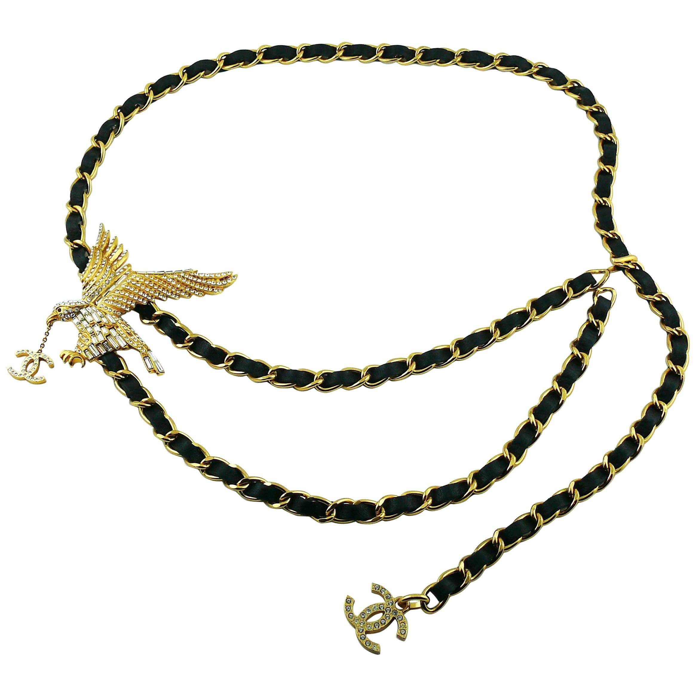 Chanel Rare Jewelled Eagle Schwarz und Gold Runway Gürtel oder Halskette