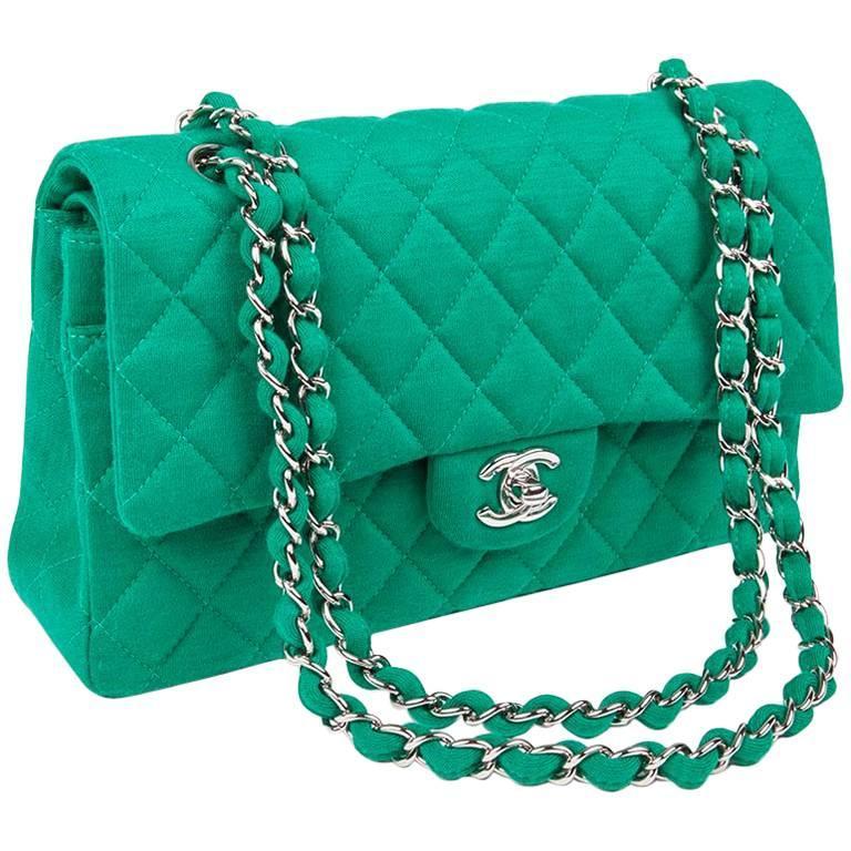 CHANEL 'Timeless' Double Flap Bag in Green Jersey at 1stDibs