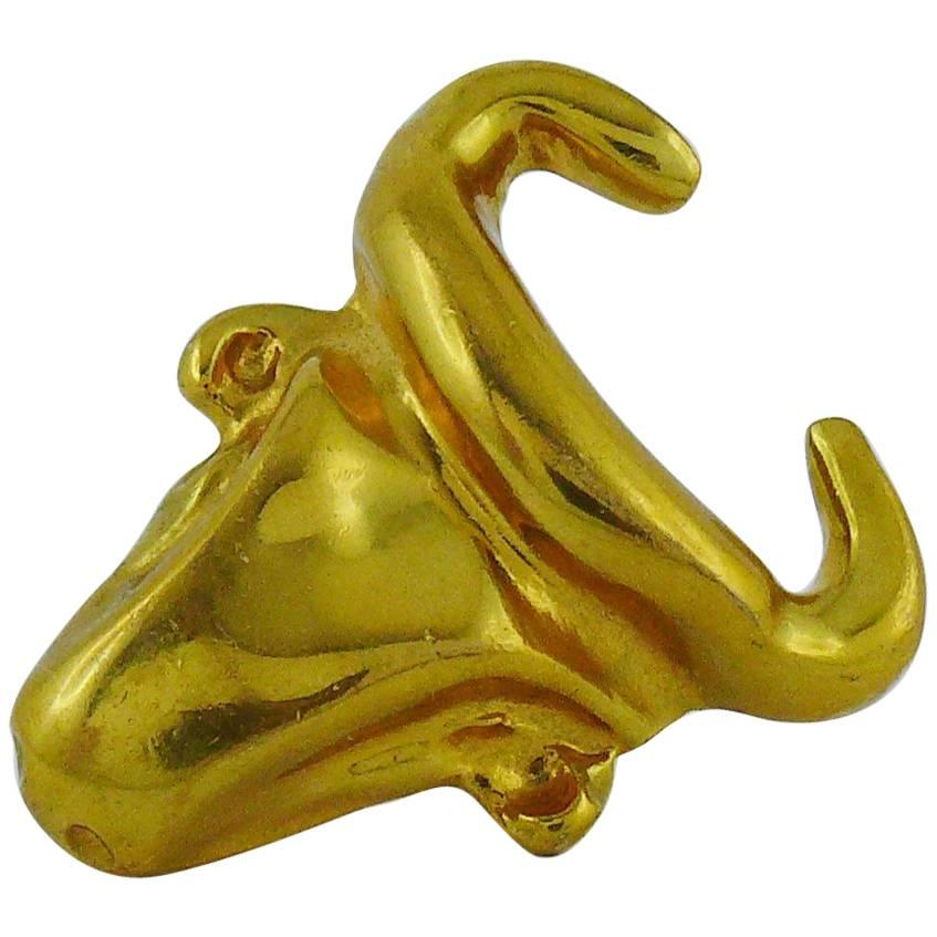Christian Lacroix Vintage Gold Toned Bull Head Brooch
