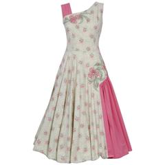 1950's Embroidered Pink-Floral Print Quilted Rhinestone Cotton Full-Skirt Dress