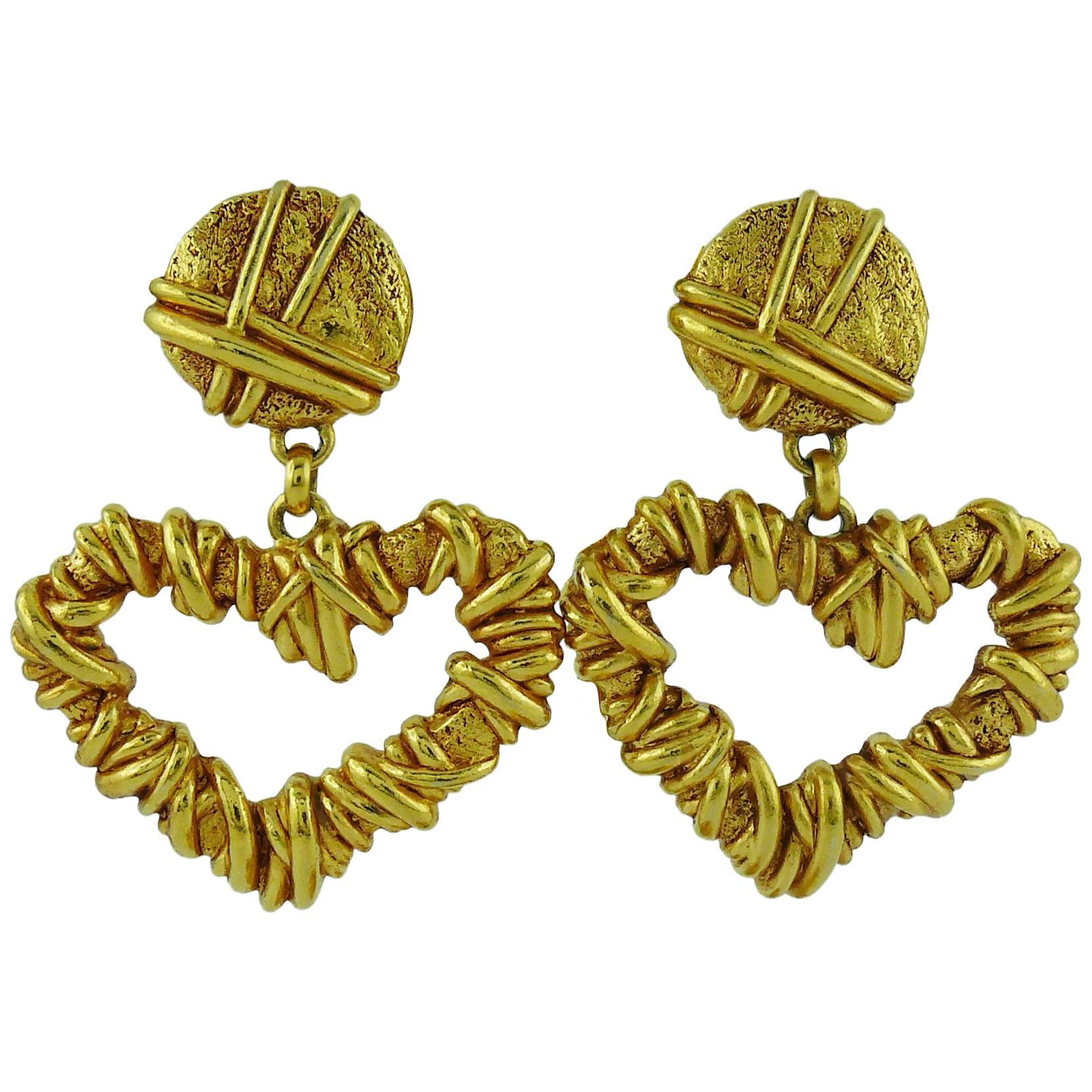 Christian Lacroix Vintage Gold Toned Wired Heart Dangling Earrings