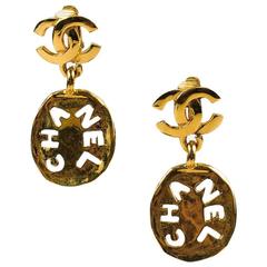 Chanel Gold Tone Hammered 'CC' Logo Cut Out Drop Dangle Clip On Earrings