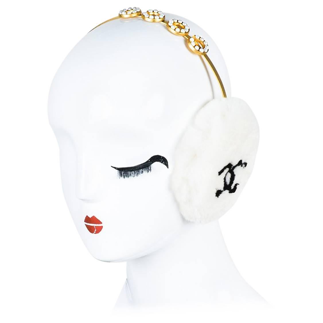  Chanel Off White Genuine Sheared Rabbit Gold Metal Faux Pearl 'CC' Earmuffs For Sale