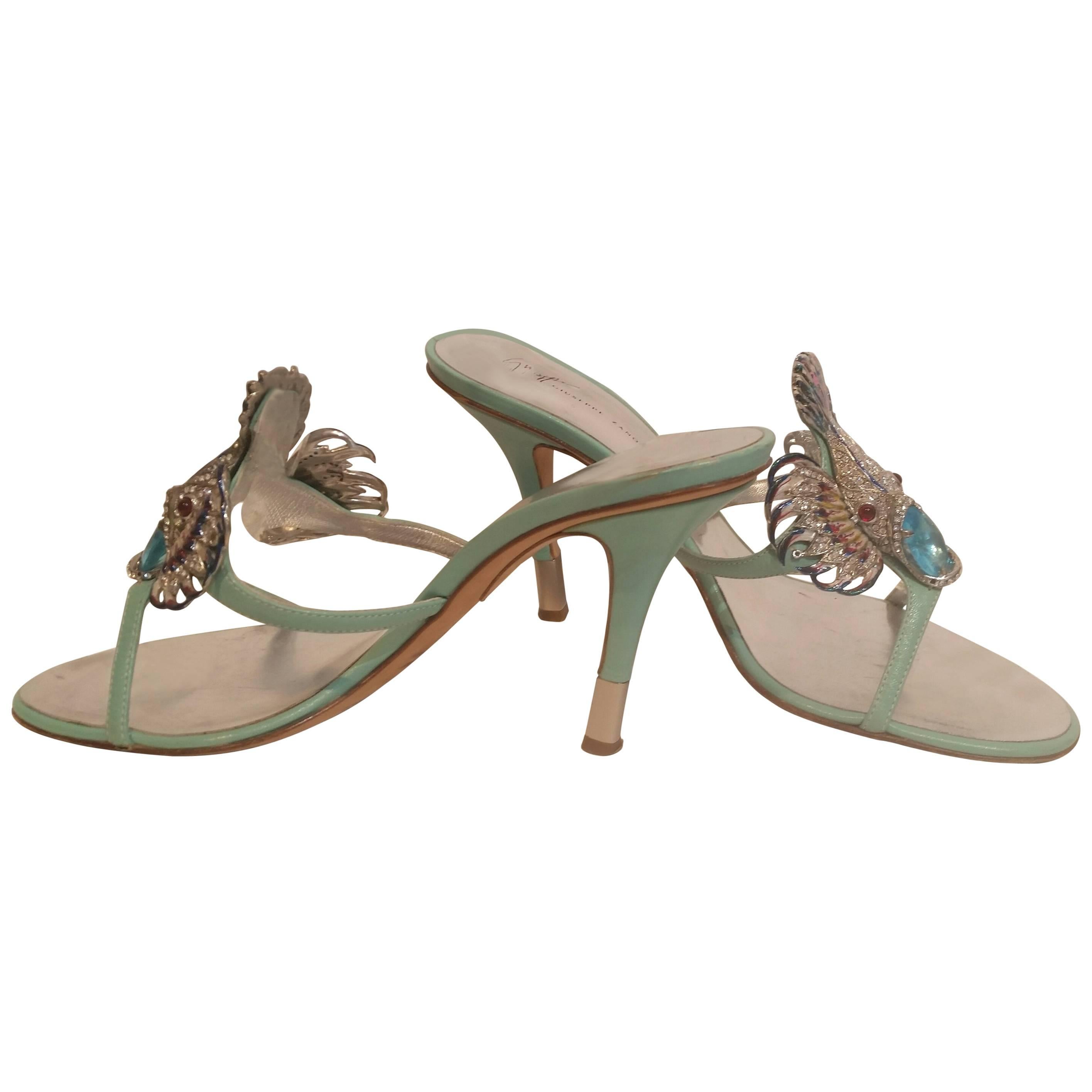 Giuseppe Zanotti Fish Embellished Aqua Mules  For Sale