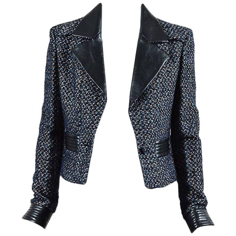Chanel Autumn 2002 Blue Black & Metallic Tweed Lambskin Logo Button Jacket SZ 38 For Sale