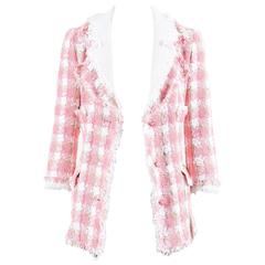 Chanel 04C Pink White Beige Tweed Frayed Trim Collared Jacket SZ 36 8
