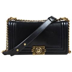 Chanel Black Lambskin Leather "Old Medium Boy" Chain Link Shoulder Bag