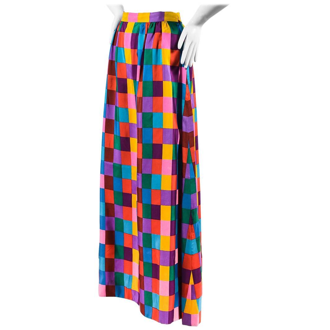 Vintage Nan Duskin Red Yellow Multicolor Silk Printed Maxi Skirt For Sale