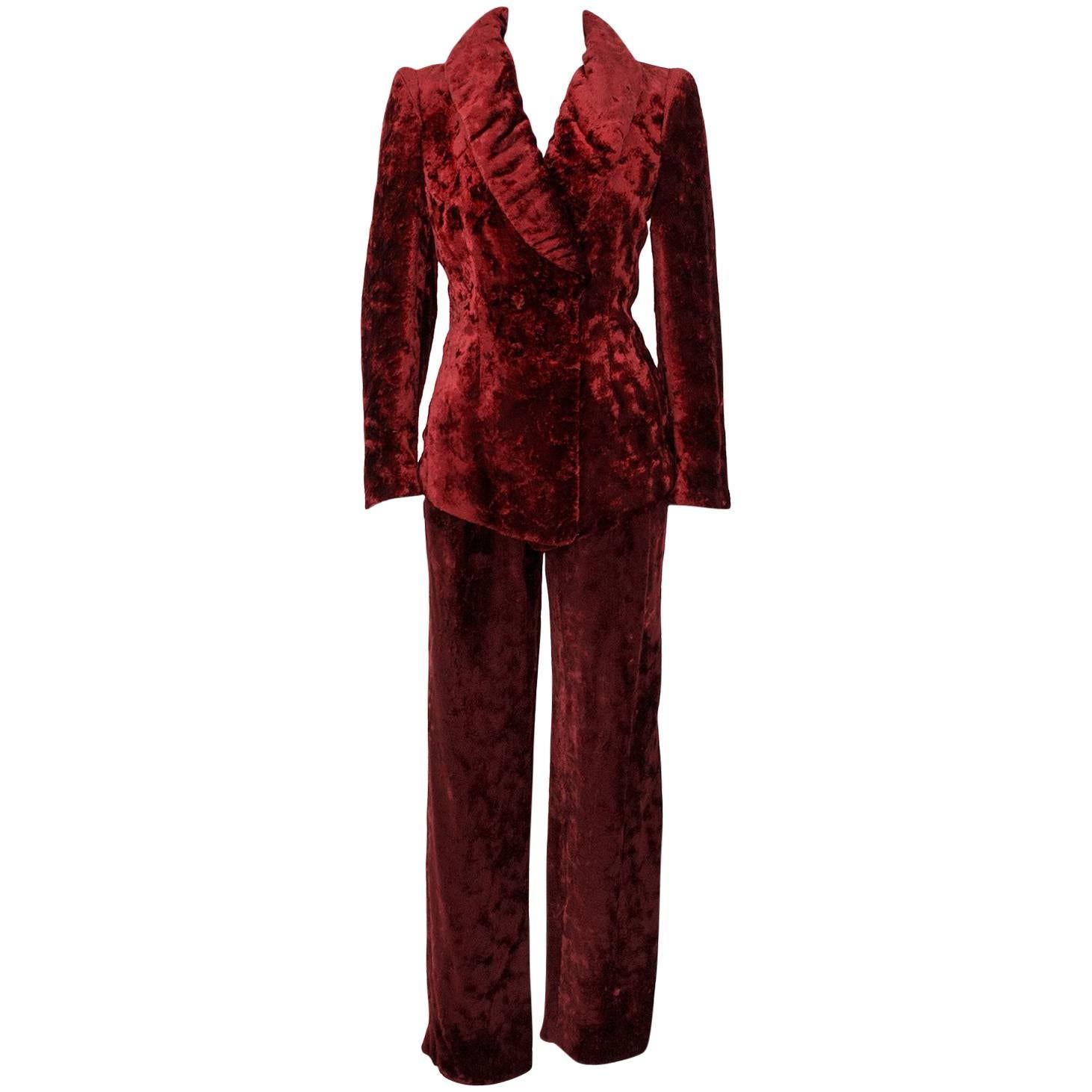 1980s Sonia Rykiel Bordeau Crushed Velvet Suit 