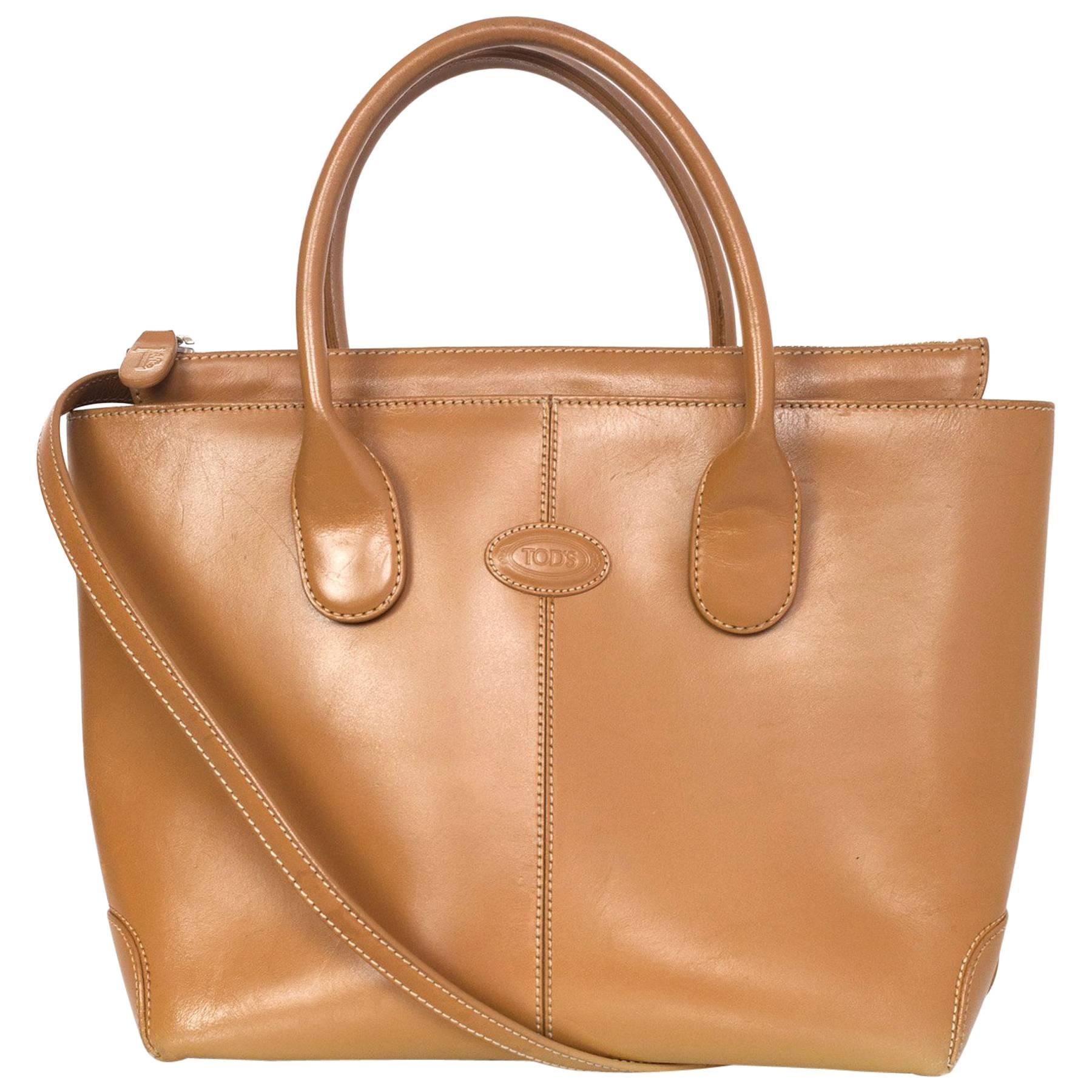 Tod's Camel Leather Classic D Tote Bag w/ Srap