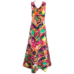 Amazing 1970s Colorful Flowers Stripes Sleeveless Vintage 70s Cotton Maxi Dress