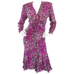 Vintage Flora Kung Hot Pink Leopard 1990s Size 6 Blouse and Skirt 90s Dress Set