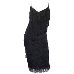 1970s Joy Stevens Fully Fringed 70s Does 20s Black Jersey Vintage Flapper Dress