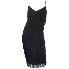 1970s Joy Stevens Fully Fringed 70s Does 20s Black Jersey Vintage Flapper Dress 10