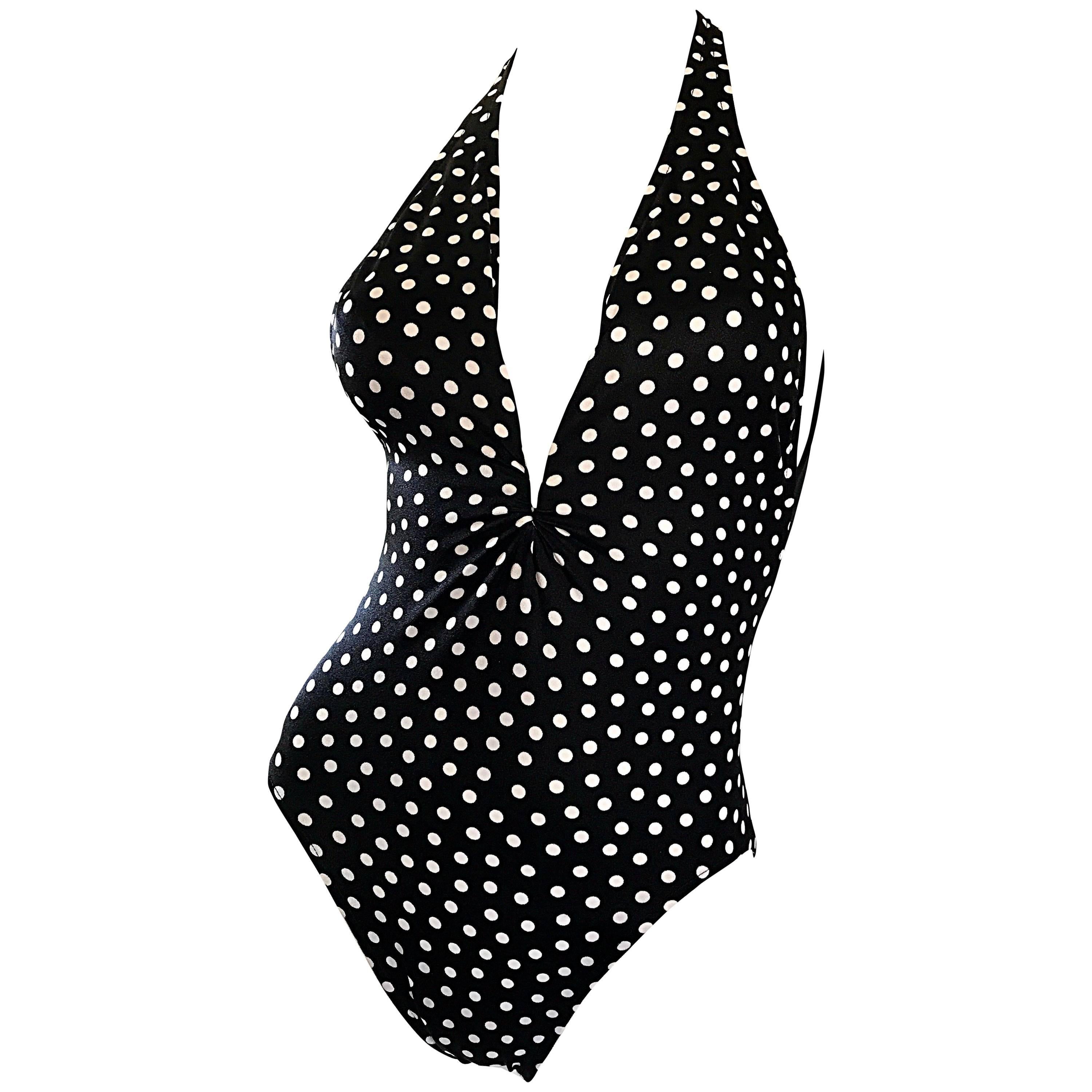 Vintage Bill Blass 1990s Black and White Polka Dot 90s Sexy Swimsuit Bodysuit