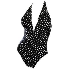 Vintage Bill Blass 1990s Schwarz und Weiß Polka Dot 90s Sexy Badeanzug Bodysuit