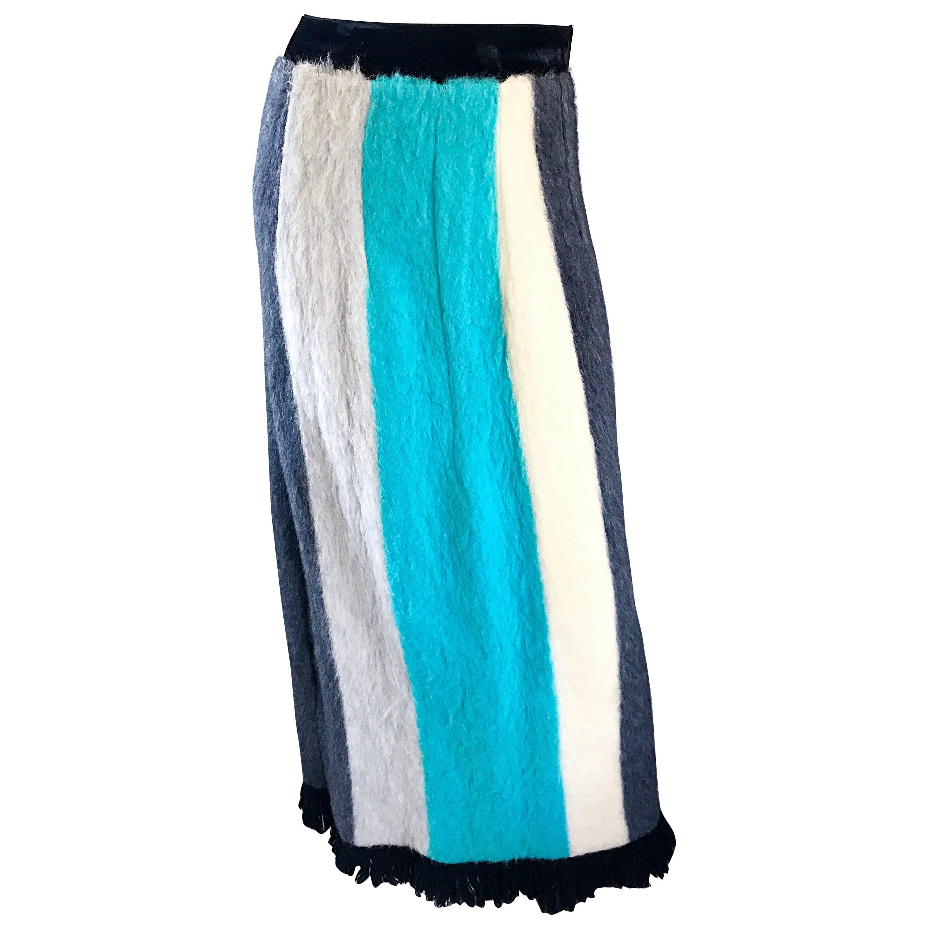 1960s French Made Teal Blue Gray Ivory Color Block Fringe Vintage Maxi Skirt For Sale