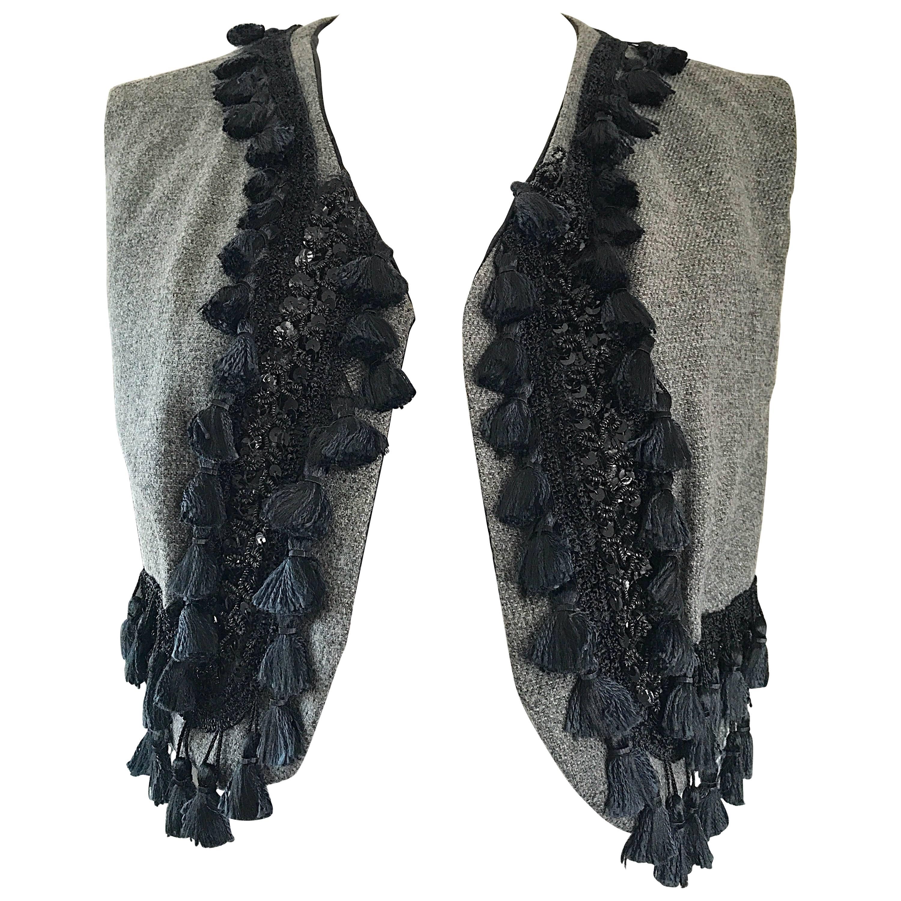 Amazing 1960s Charcoal Gray + Black Sequined Beaded Tassel Matador Cropped Vest  For Sale