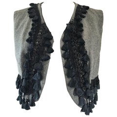 Amazing 1960s Charcoal Gray + Black Sequined Beaded Tassel Matador Cropped Vest 