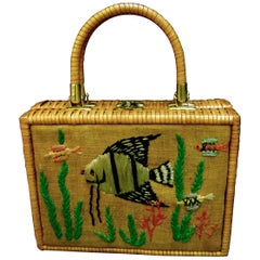 Vintage Whimsical Wicker Straw Embroidered Sea Life Handbag ca 1960