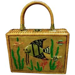 Whimsical Wicker Straw Embroidered Sea Life Handbag ca 1960 10