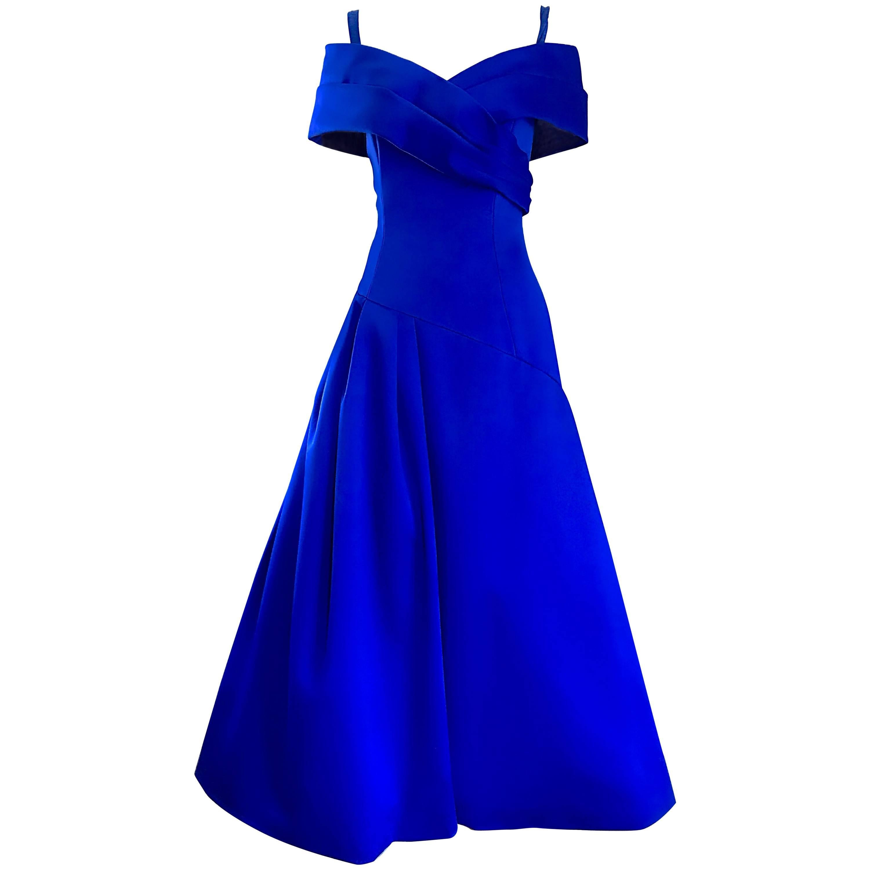 Beautiful Victor Costa SAKS Vintage Royal Blue Silk Off - Shoulder Evening Gown
