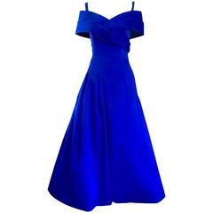 Beautiful Victor Costa SAKS Vintage Royal Blue Silk Off - Shoulder Evening Gown 11