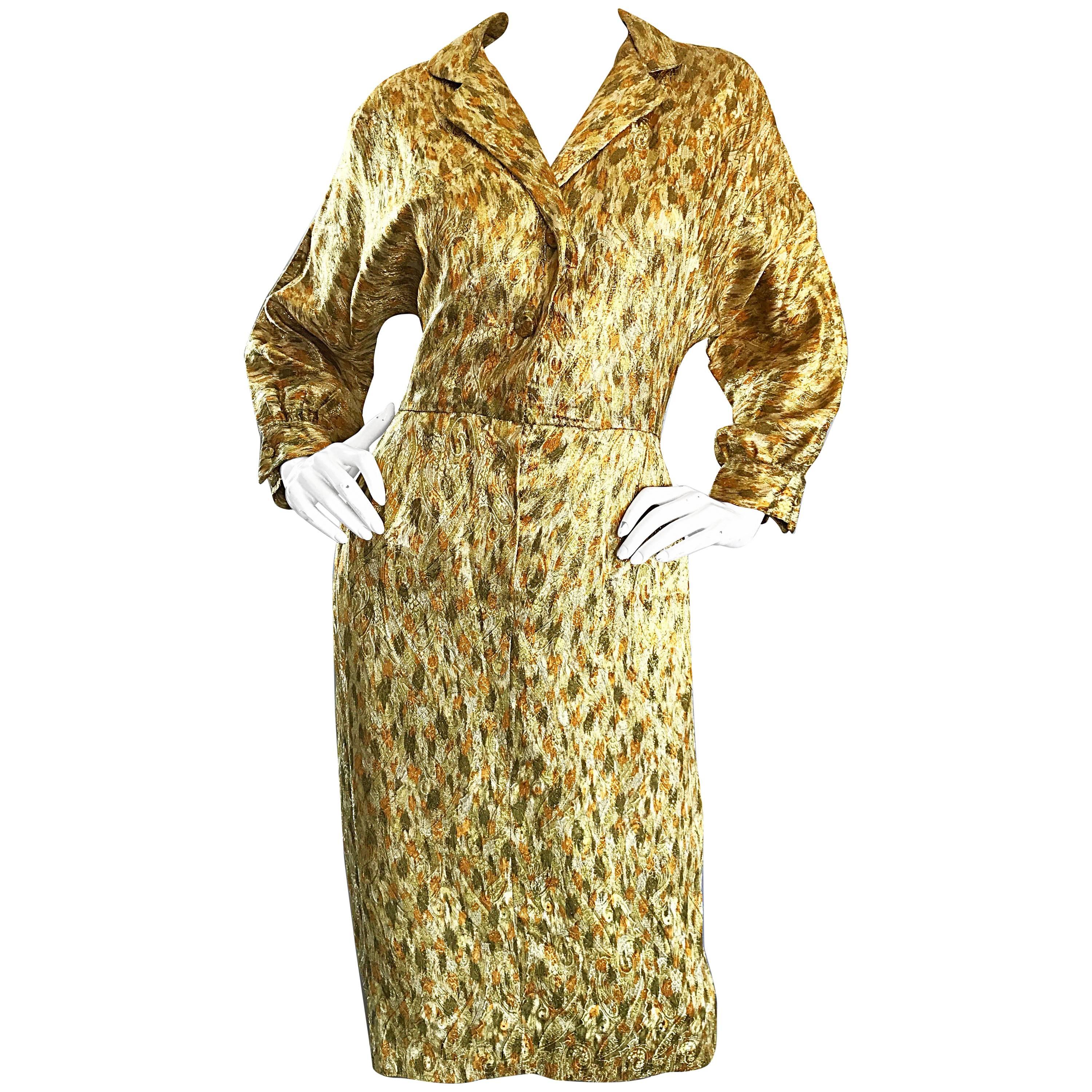 1950s Norma Morgan Gold + Chartreuse Green + Bronze Silk Vintage 50s Dress  For Sale