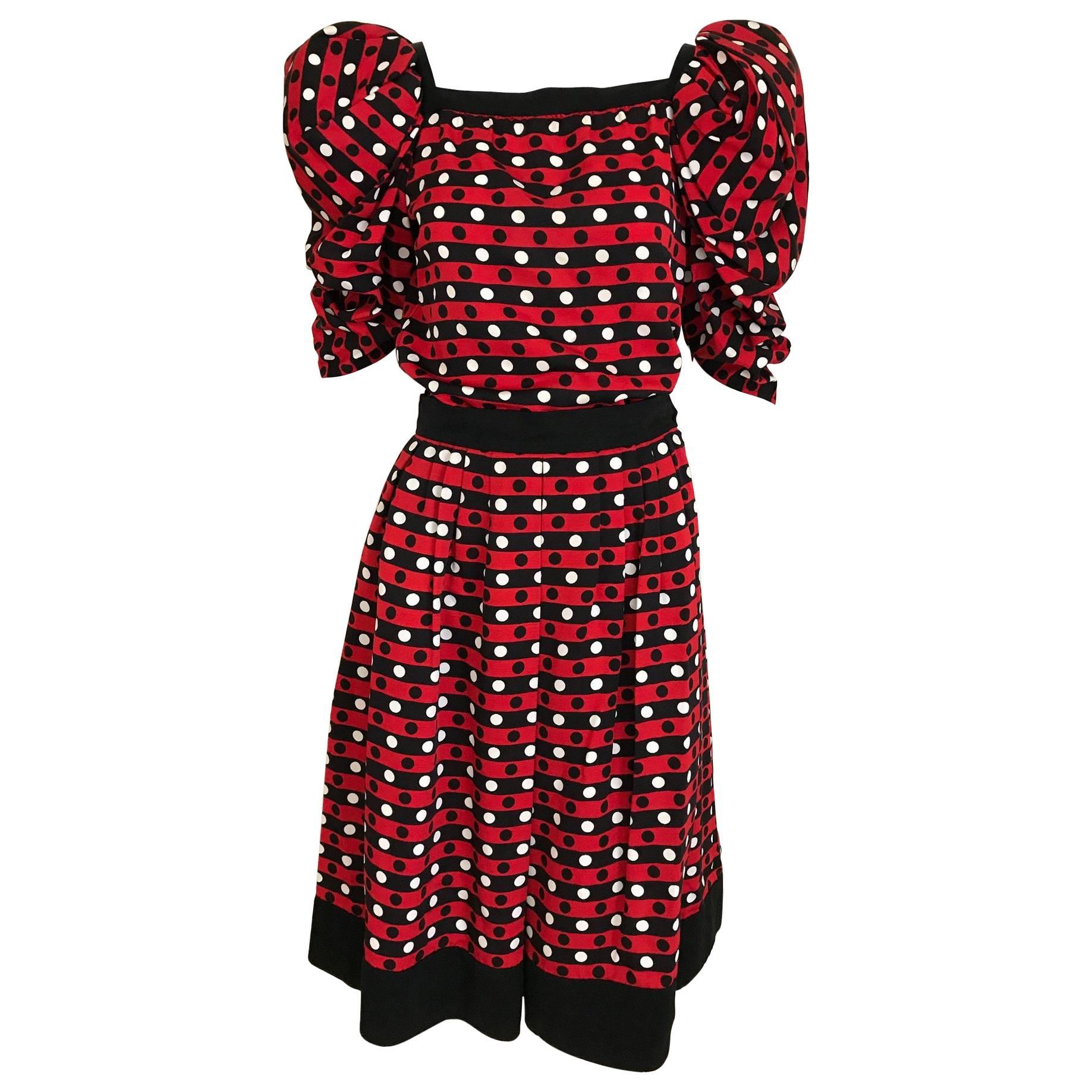 Vintage Saint Laurent red polkadot blouse and skirt ensemble For Sale