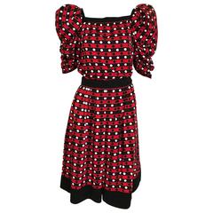 Retro Saint Laurent red polkadot blouse and skirt ensemble