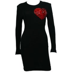 Patrick Kelly Vintage 1980s Black Wool Iconic Dress Heart Buttons