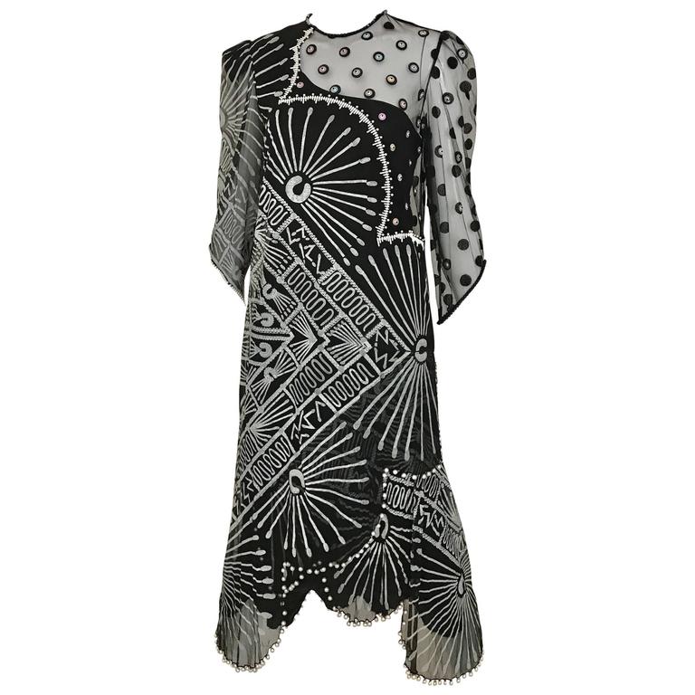 Vintage 1980s Zandra Rhodes black and gray print dress with with pearls ...