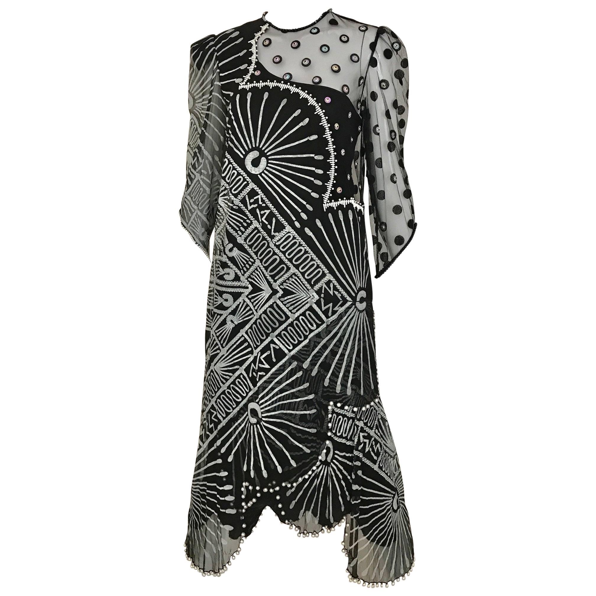 Vintage 1980s Zandra Rhodes black and gray print dress with with pearls