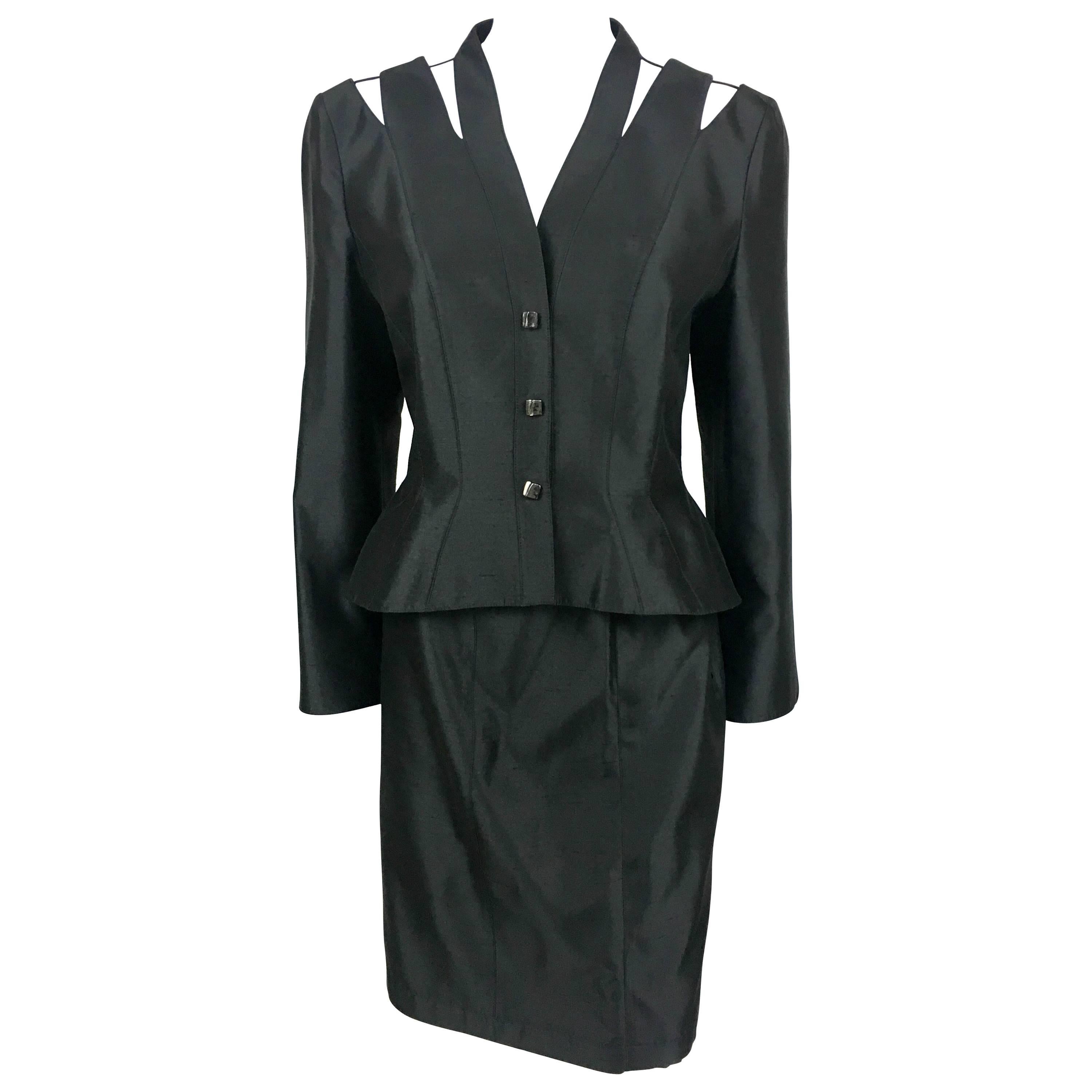 1990s Thierry Mugler Slashed Shoulders Black Silk Skirt Suit For Sale