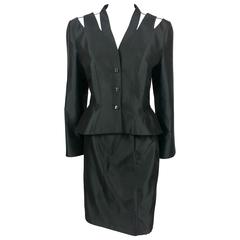 Vintage 1990s Thierry Mugler Slashed Shoulders Black Silk Skirt Suit