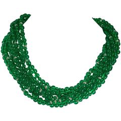Vintage Bergdorf Goodman Chic French Faux Emerald Bead Torsade Necklace