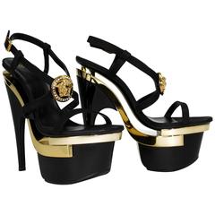 New Versace Gold Black Triple Platform Swarovski Crystals Medusa Shoes Sandals