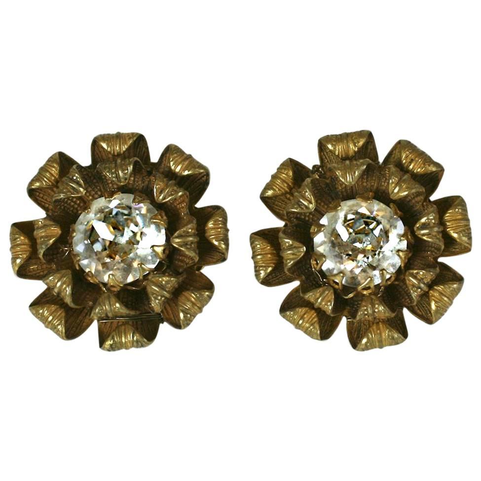 Miriam Haskell Gilt and Crystal Flower Head Earclips For Sale