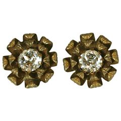 Miriam Haskell Gilt and Crystal Flower Head Earclips