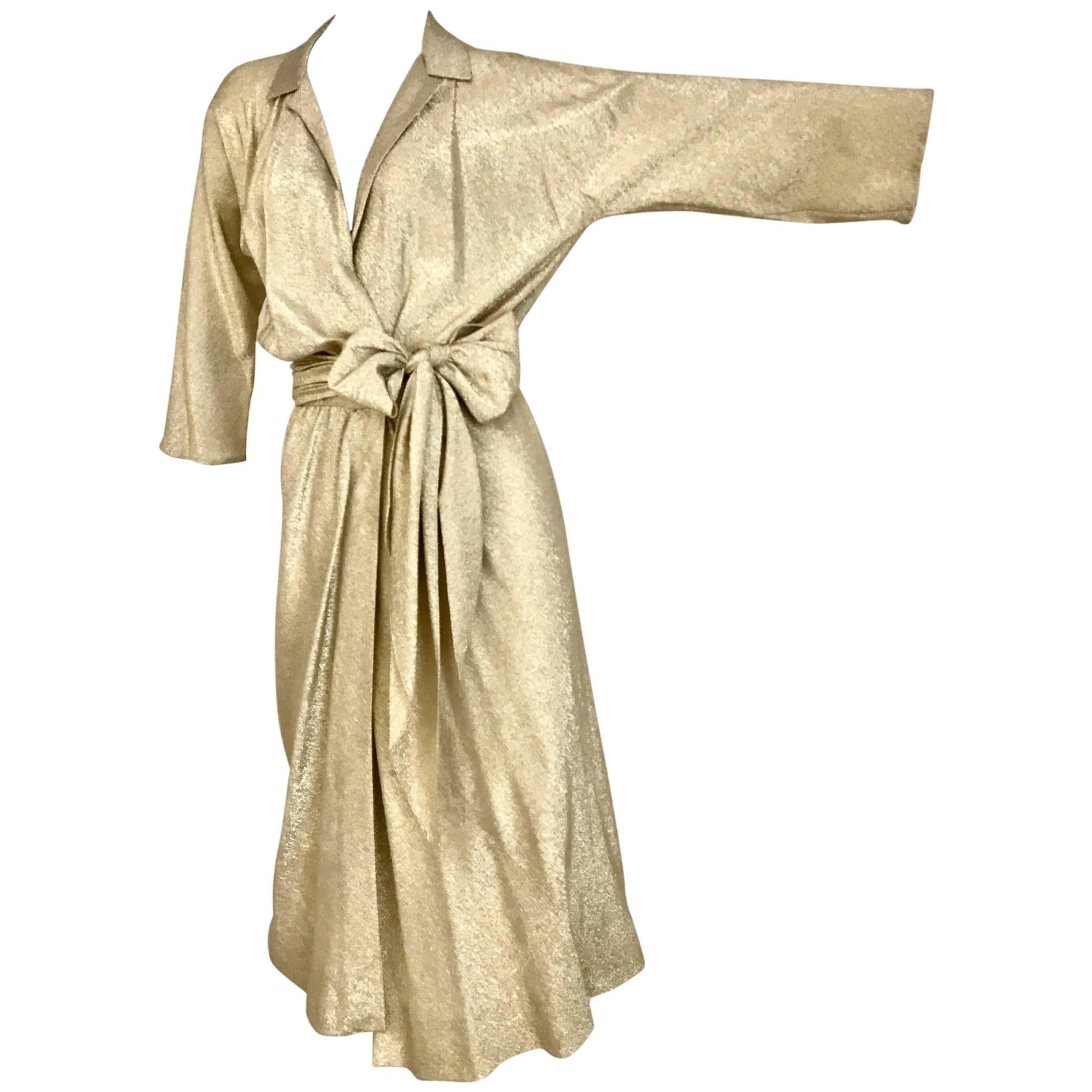 Vintage 1970s HALSTON Gold Metallic Lame 70s Wrap Cocktail Dress