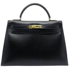 Hermes Vintage Kelly 32 Noir Black Box Calf Leather Gold Metal Top Handle Bag