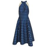 1950s blue and grey silk polkadot halter cocktail dress