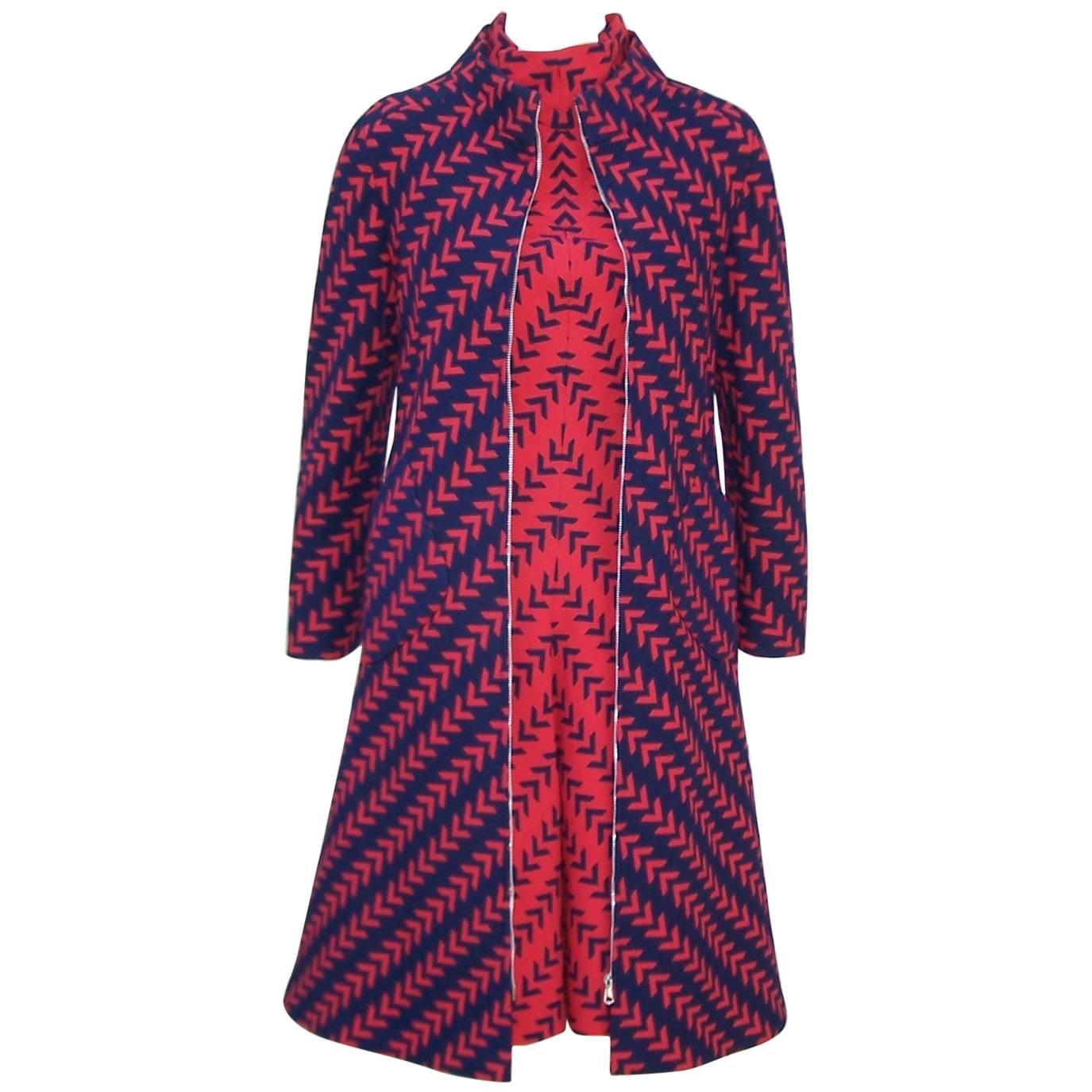 Graphic C.1970 Giovanna Ferragamo Red & Blue Mod Dress With Coat